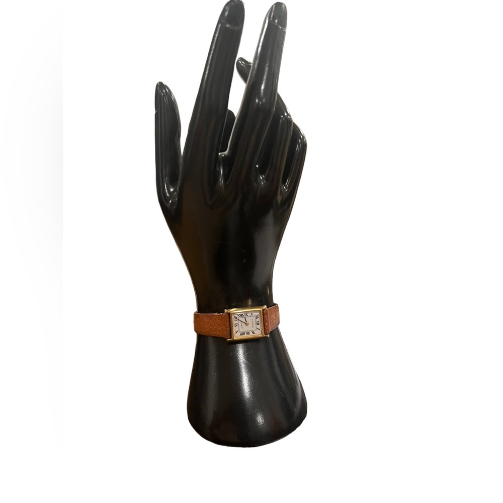 LEXON vintage square style with brown belt wristwatch golden accents